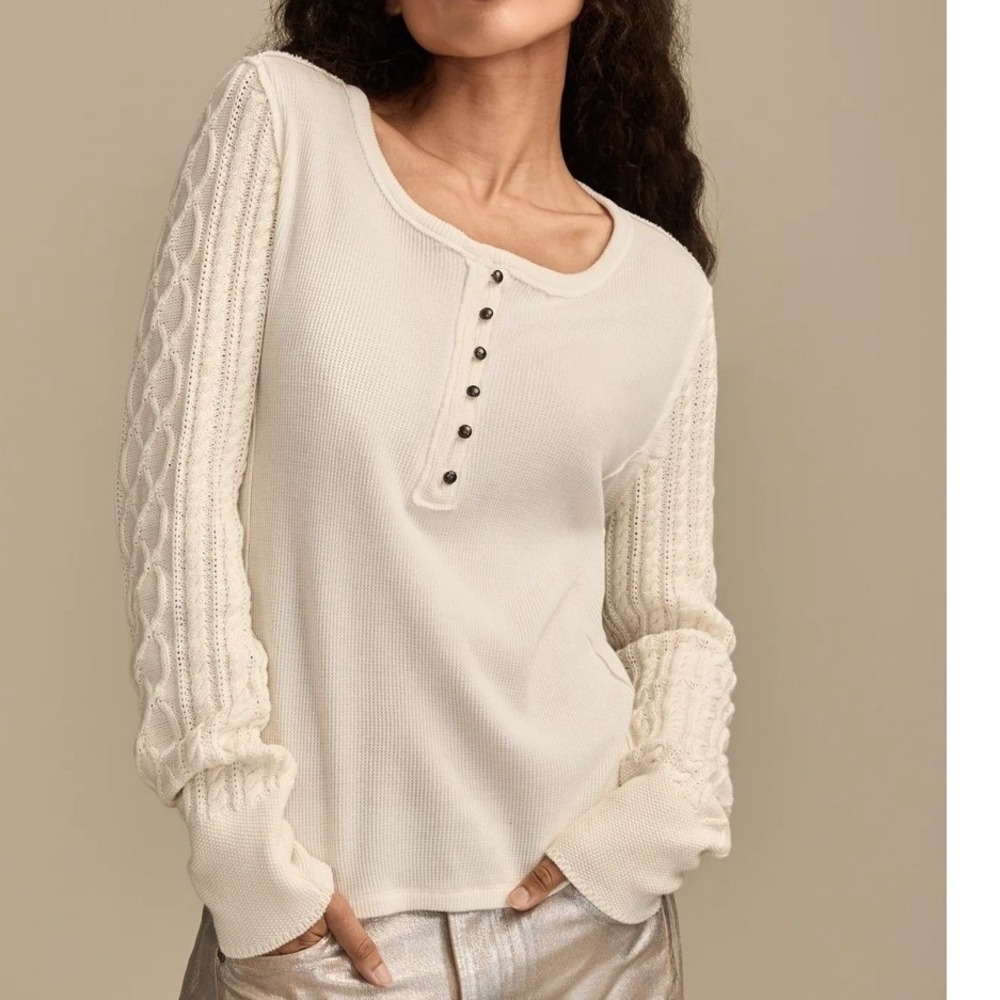 Lucky Brand Mixed Media Waffle Knit‎ Henley Cable Knit Sleeve Cream Top XXl